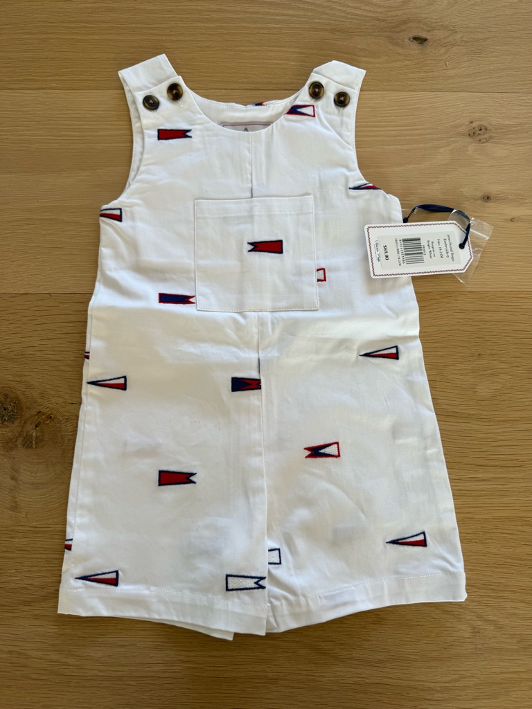 Classic Prep White Kids Romper With Red & Navy Flag Accents